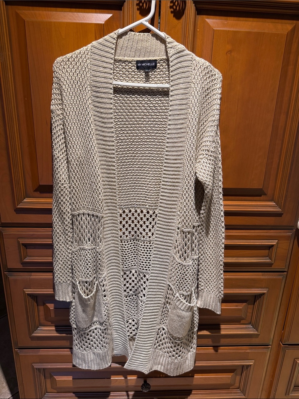 My Michelle Cream Open-Knit Pocket Cardigan